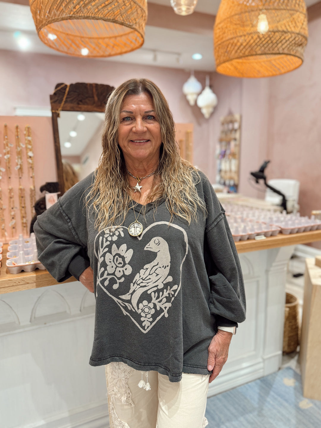 We The Free Venice V-Neck Graphic Sweatshirt / Black Bird