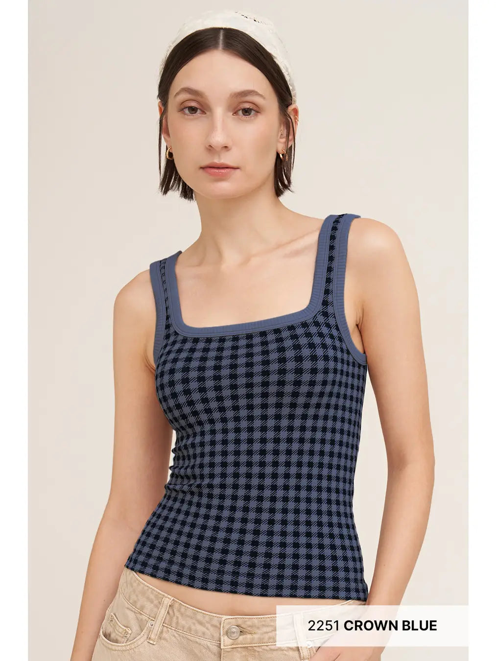 Checked Square Neck Top