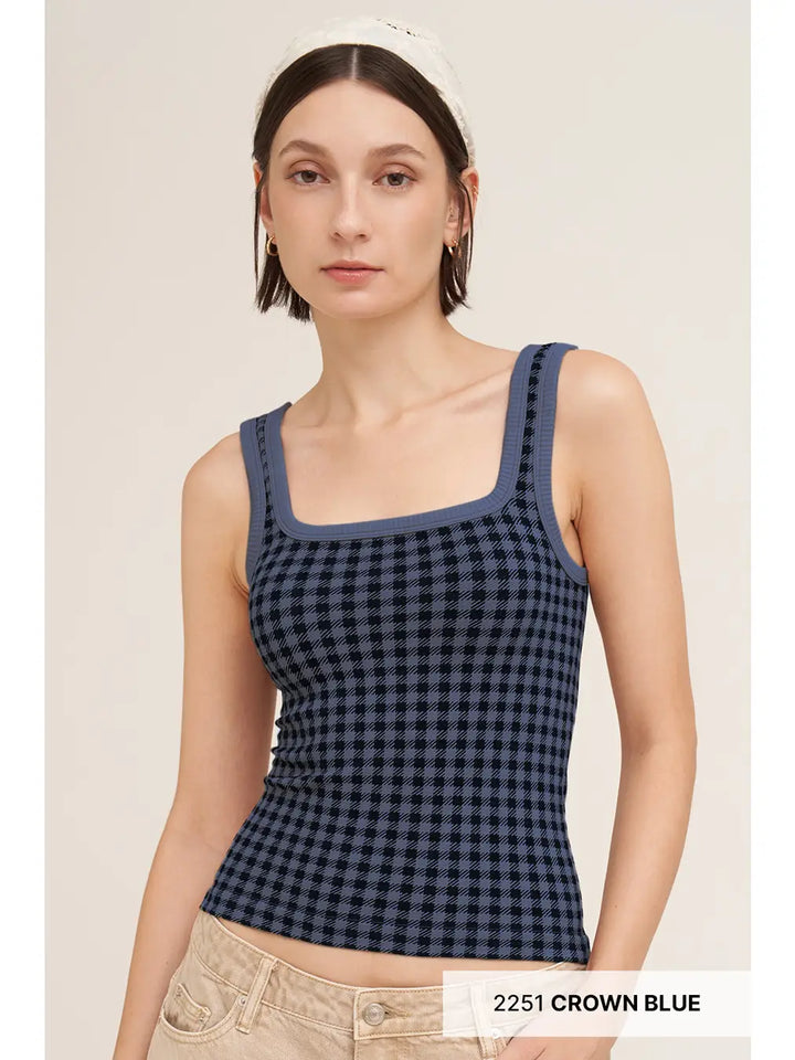 Checked Square Neck Top