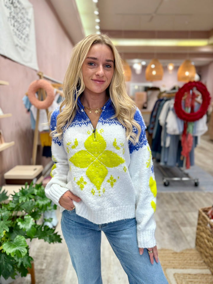 Free People Mythical Knit Sweater / Blue & Yellow Combo