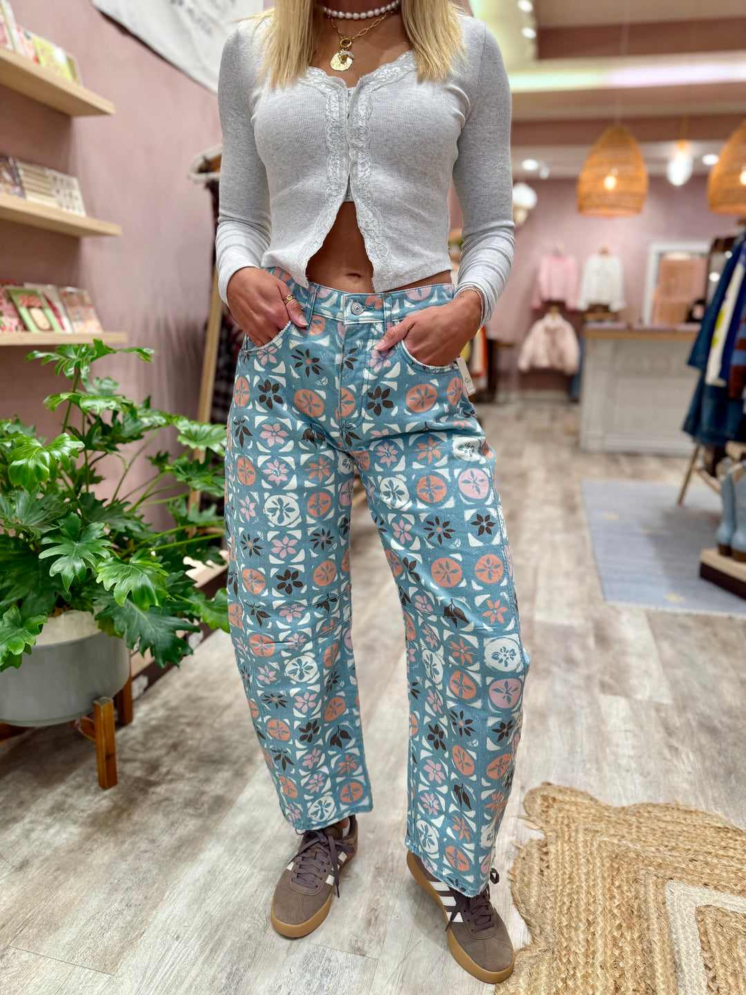 We The Free Good Luck Printed Barrel Jeans / Jade Combo