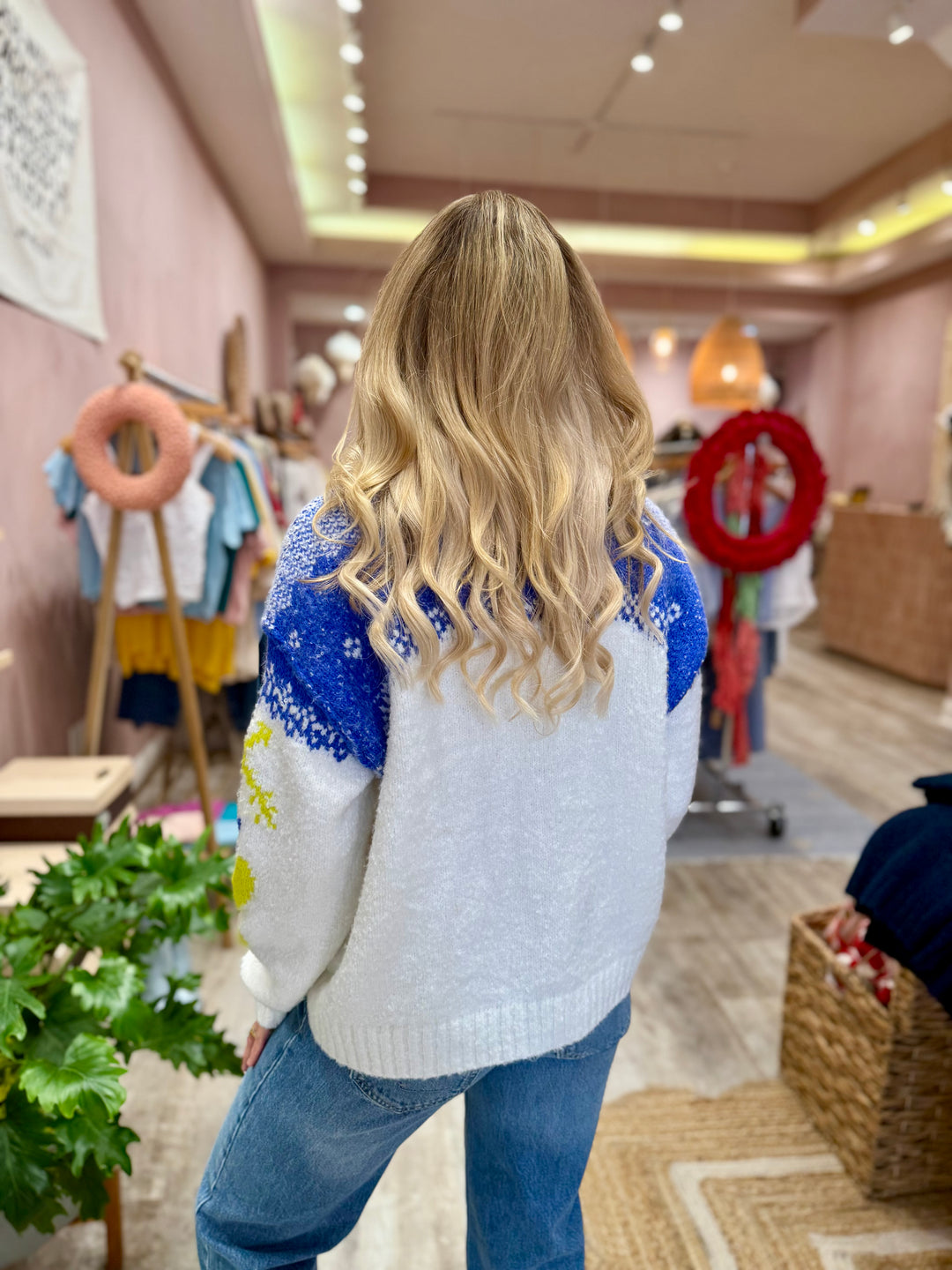 Free People Mythical Knit Sweater / Blue & Yellow Combo