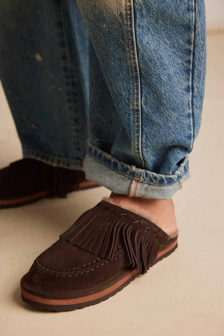 Free People Fallon Fringe Mules / Chocolate Suede