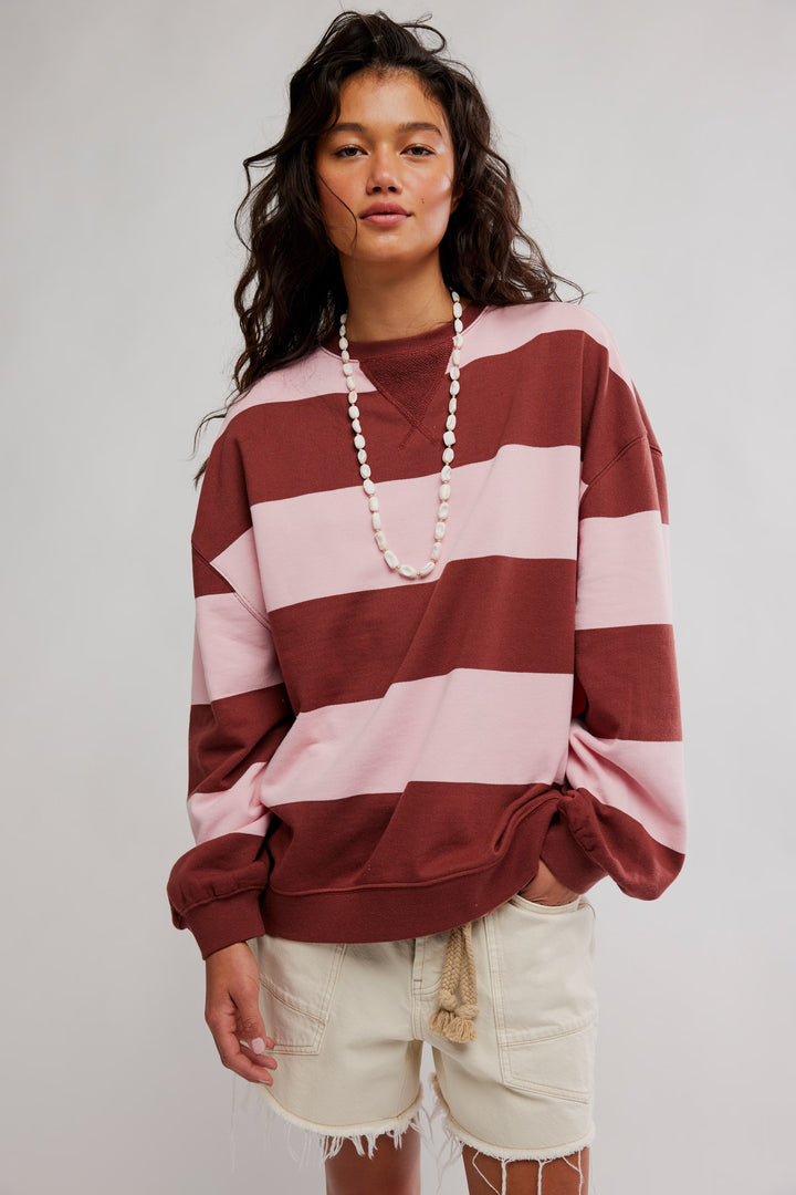 We The Free Classic Striped Oversized Crewneck / Strawberry Wine