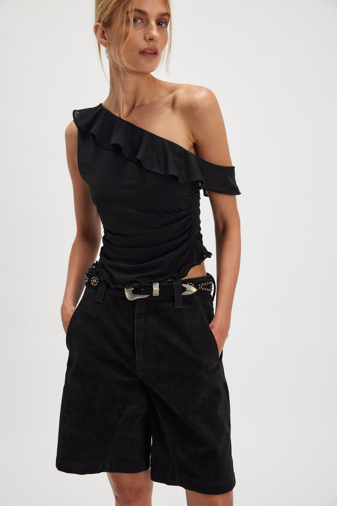 FP Isla Off-The-Shoulder Ruched Sleeveless Top / Black