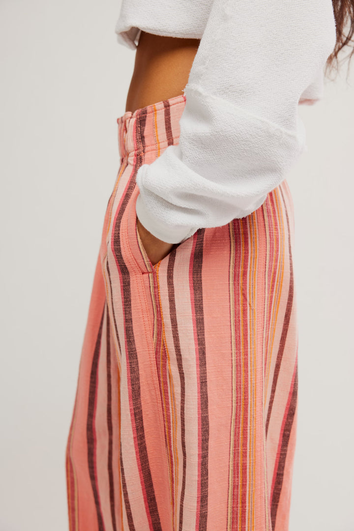 FP Day's End Linen Striped Pull-On Pants / Soft Coral