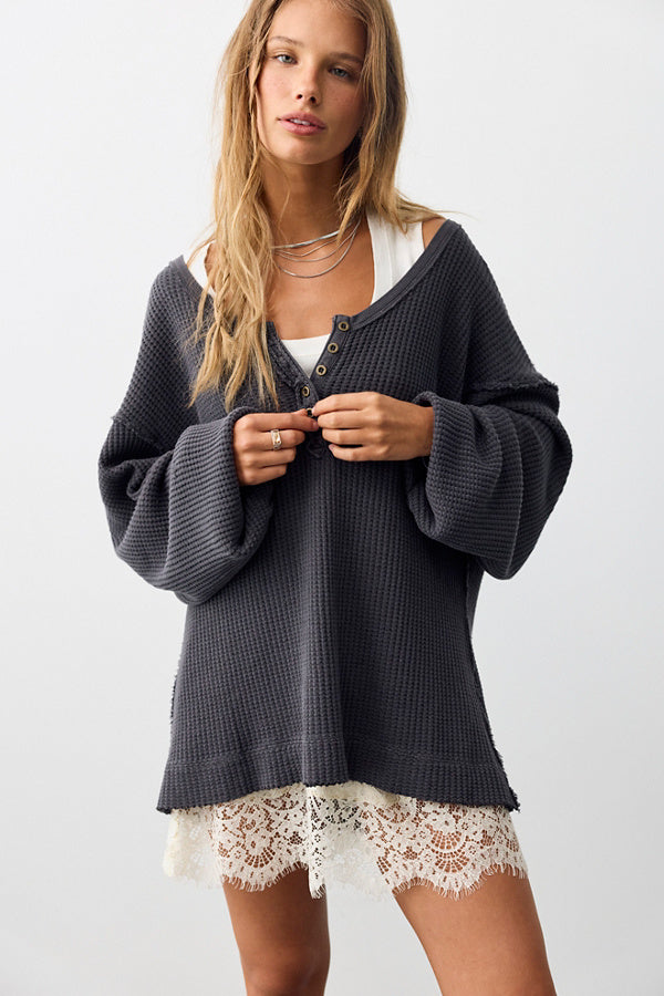 We The Free Montreal Oversized Thermal Henley / Black