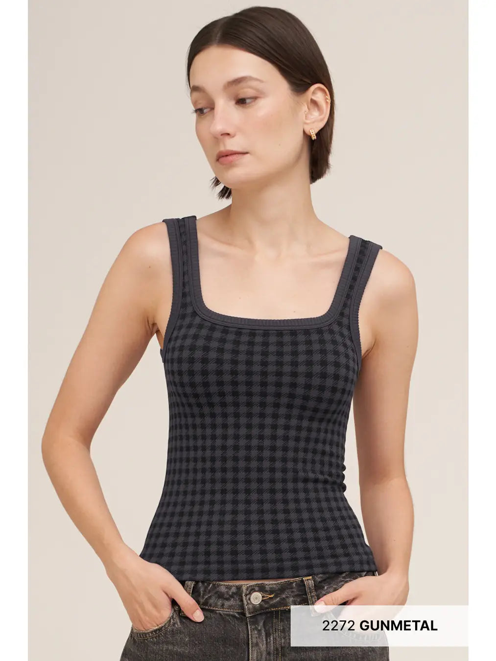 Checked Square Neck Top