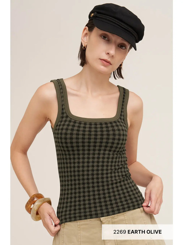 Checked Square Neck Top